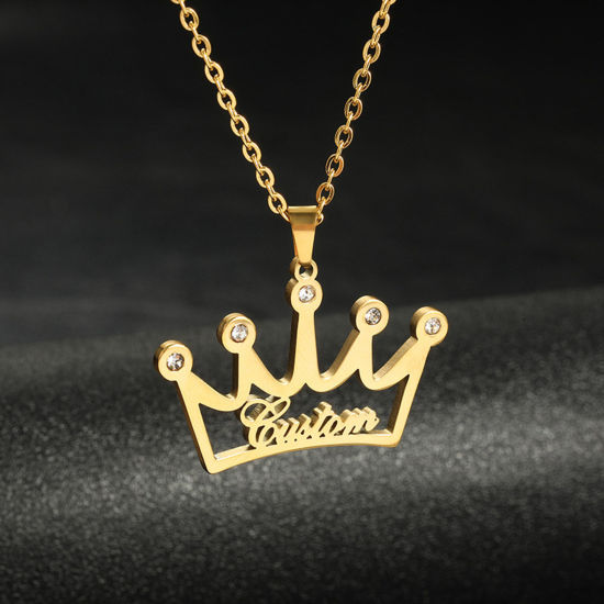 Picture of 304 Stainless Steel Customized Name Necklace Personalized Letter Pendant Crown Gold Plated 52cm(20 4/8") long, 1 Piece