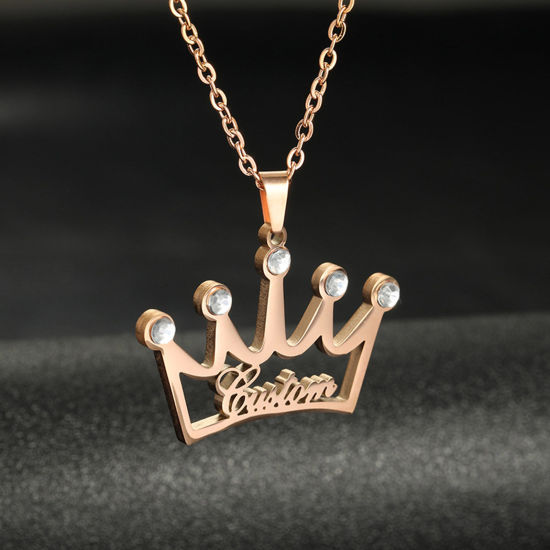 Picture of 1 Piece 304 Stainless Steel Customized Name Necklace Personalized Letter Pendant Crown Rose Gold 52cm(20 4/8") long