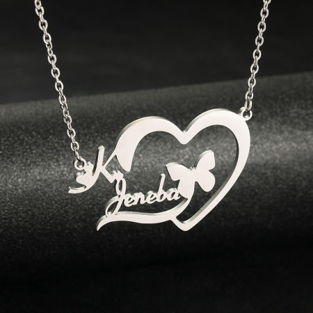 Picture of 1 Piece 304 Stainless Steel Customized Name Necklace Personalized Letter Charm Pendant Heart Butterfly Silver Tone 52cm(20.5") long
