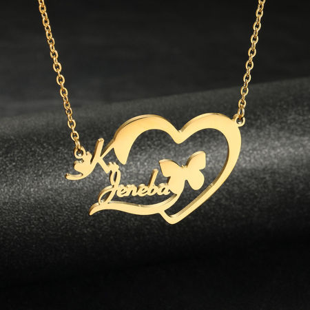 Picture of 1 Piece 304 Stainless Steel Customized Name Necklace Personalized Letter Charm Pendant Heart Butterfly Gold Plated 52cm(20.5") long