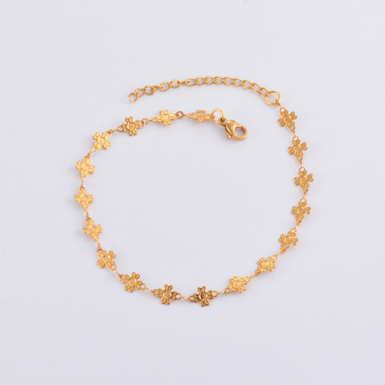 Picture of 304 Stainless Steel Handmade Link Chain Anklet 18K Gold Color Cross 21cm(8 2/8") long, 1 Piece