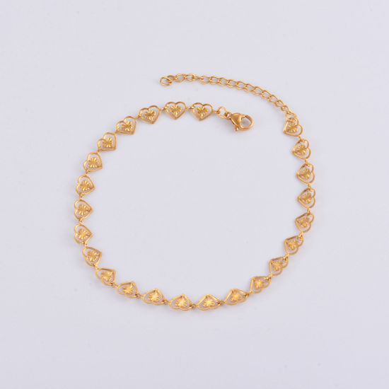 Picture of 304 Stainless Steel Handmade Link Chain Anklet 18K Gold Color Heart 21cm(8 2/8") long, 1 Piece