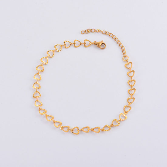 Picture of 304 Stainless Steel Handmade Link Chain Bracelets 18K Gold Plated Heart Hollow 18cm(7 1/8") long, 1 Piece