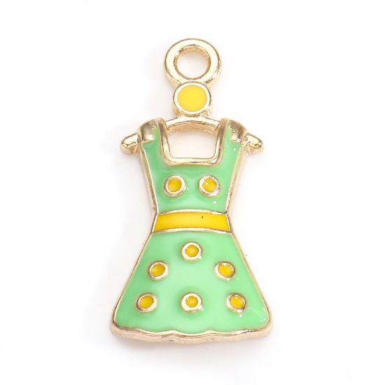 Picture of Zinc Based Alloy Clothes Charms Gold Plated Green Dress Dot Enamel 25.5mm x 12.5mm, 5 PCs