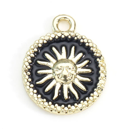 Picture of Zinc Based Alloy Galaxy Disc Charms Gold Plated Black Round Sun Enamel 16.5mm x 13mm, 5 PCs