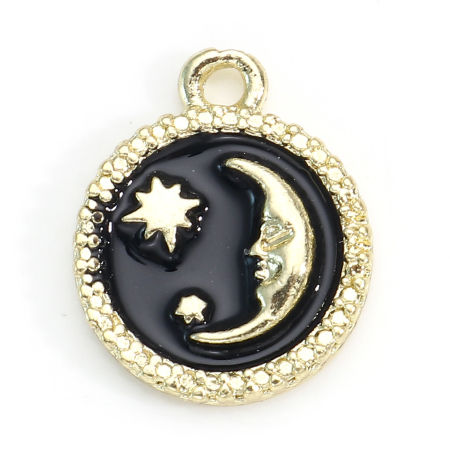 Picture of Zinc Based Alloy Galaxy Disc Charms Gold Plated Black Round Moon Enamel 16mm x 13mm, 5 PCs