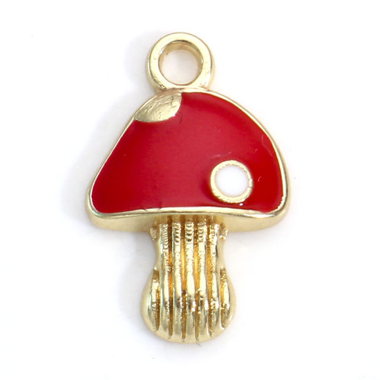 Immagine di Lega di Zinco Charms Oro Placcato Rosso Fungo Smalto 17mm x 11mm, 10 Pz