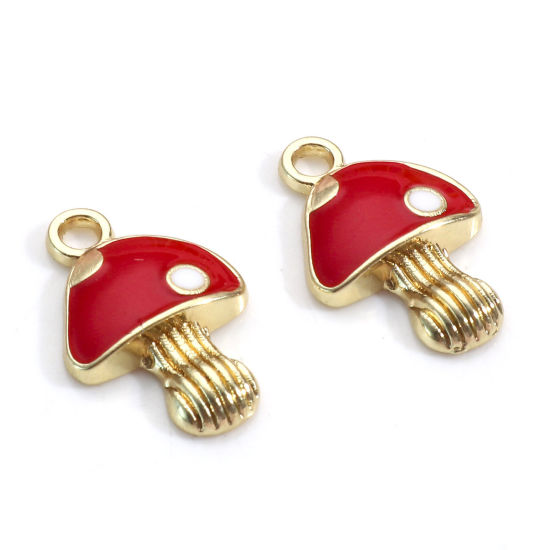 Immagine di Lega di Zinco Charms Oro Placcato Rosso Fungo Smalto 17mm x 11mm, 10 Pz
