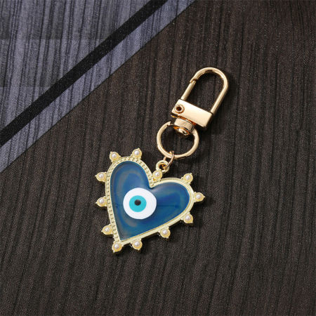 Picture of Acrylic Religious Keychain & Keyring Gold Plated Blue Heart Evil Eye 6.5cm, 1 Piece