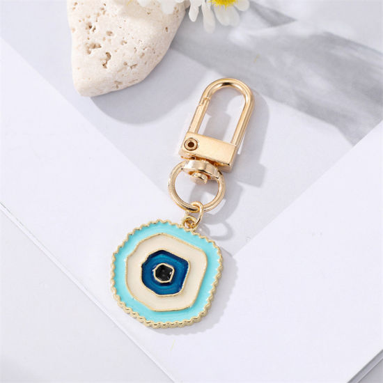 Picture of Simple Keychain & Keyring Gold Plated Light Blue Irregular Circle Enamel 6cm, 1 Piece