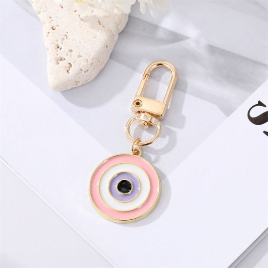 Picture of Simple Keychain & Keyring Gold Plated Pink Round Circle Enamel 6cm, 1 Piece