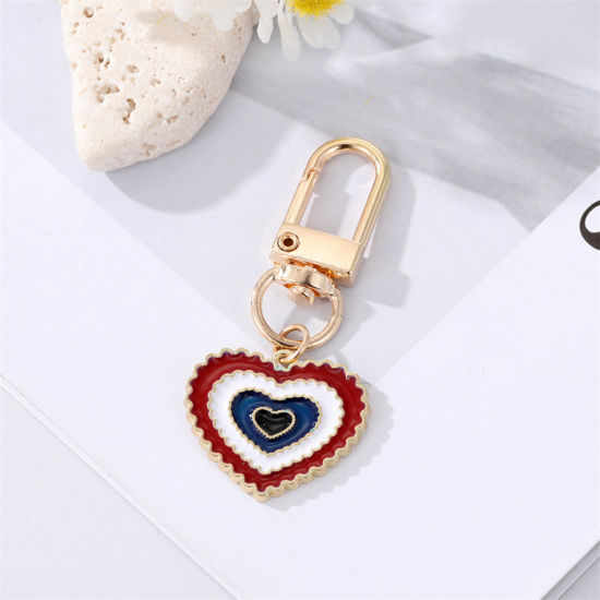 Picture of Simple Keychain & Keyring Gold Plated Red Heart Circle Enamel 6cm, 1 Piece