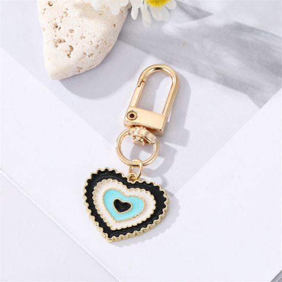 Picture of Simple Keychain & Keyring Gold Plated Black Heart Circle Enamel 6cm, 1 Piece