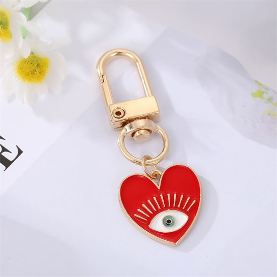 Picture of Stylish Keychain & Keyring Gold Plated Red Heart Eye Enamel 5.3cm, 1 Piece