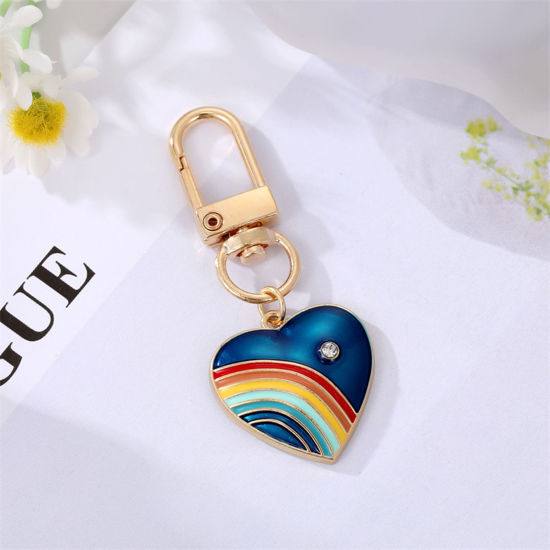 Picture of Stylish Keychain & Keyring Gold Plated Royal Blue Heart Rainbow Clear Rhinestone 5.8cm, 1 Piece