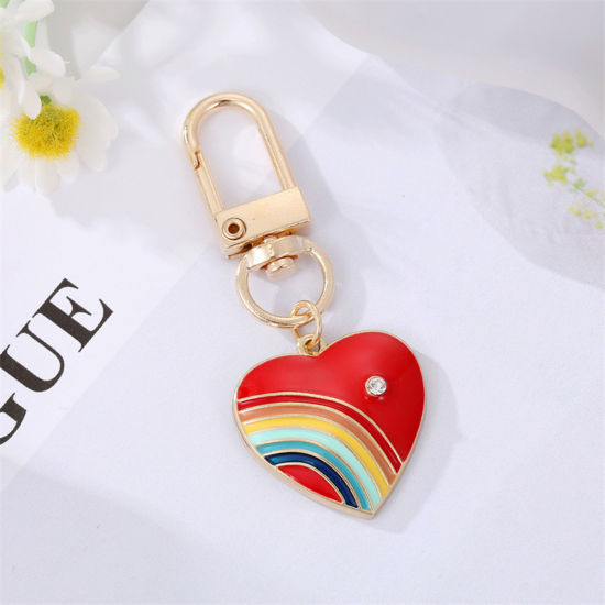 Picture of Stylish Keychain & Keyring Gold Plated Red Heart Rainbow Clear Rhinestone 5.8cm, 1 Piece