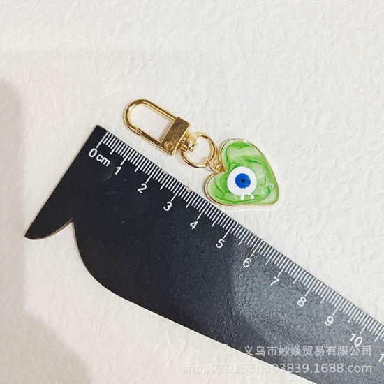 Picture of Religious Keychain & Keyring Gold Plated Light Green Heart Evil Eye Enamel 5.7cm x 2.3cm, 1 Piece