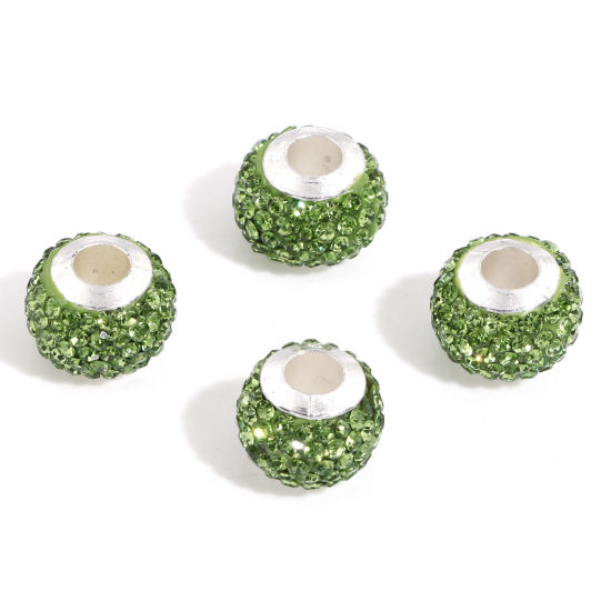 Picture of Polymer Clay European Style Large Hole Charm Beads Green Round Rhinestone 13mm Dia., Hole: Approx 4.5mm, 10 PCs