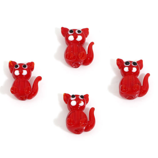 Bild von Muranoglas Perlen für die Herstellung von DIY-Charme-Schmuck Katze Rot 3D ca 19mm x 14mm, Loch:ca. 1.6mm, 2 Stück