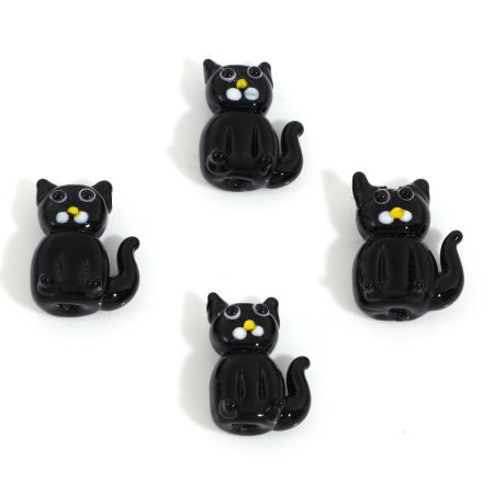 Picture of Lampwork Glass Beads For DIY Jewelry Making Cat Animal Black 3D About 19mm x 14mm, Hole: Approx 1.6mm, 2 PCs