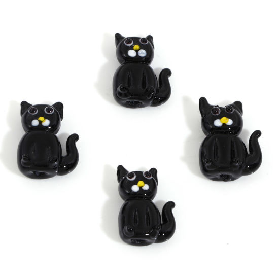 Bild von Muranoglas Perlen für die Herstellung von DIY-Charme-Schmuck Katze Schwarz 3D ca 19mm x 14mm, Loch:ca. 1.6mm, 2 Stück