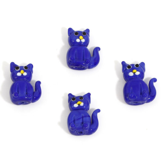 Bild von Muranoglas Perlen für die Herstellung von DIY-Charme-Schmuck Katze Saphirblau 3D ca 19mm x 14mm, Loch:ca. 1.6mm, 2 Stück