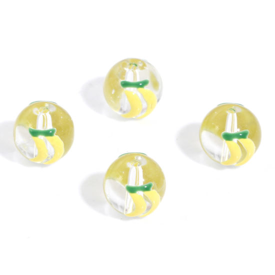 Image de 5 Pcs Perles pour DIY Fabrication de Bijoux en Verre au Chalumeau Rond Jaune Banane Émail 12mm Dia, Trou: 1.4mm