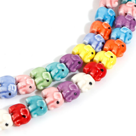 Picture of 1 Strand (Approx 28 PCs/Strand) Ceramic Beads For DIY Charm Jewelry Making At Random Mixed Color Elephant About 14mm x 11mm, Hole: Approx 2mm, 29cm(11 3/8") long