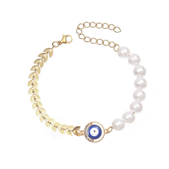 Picture of 304 Stainless Steel Bracelets Gold Plated Leaf Eye Imitation Pearl 17cm(6 6/8") long, 1 Piece