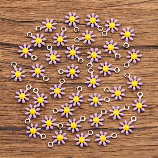 Picture of 304 Stainless Steel Flora Collection Charms Silver Tone Purple Daisy Flower Enamel 10mm x 7mm, 10 PCs