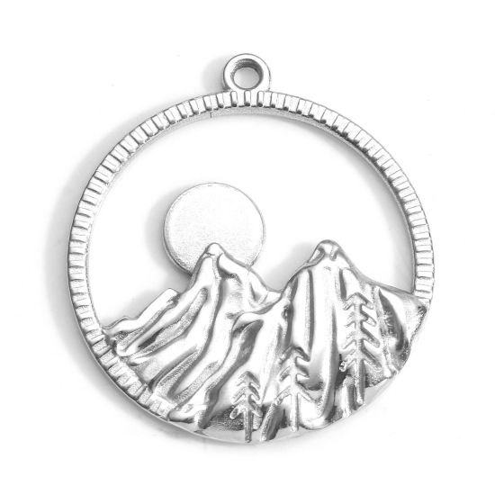 Image de Breloques en 304 Acier Inoxydable Voyage Rond Argent Mat Montagne Creux 28mm x 25mm , 3 Pcs