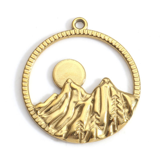 Image de 3 Pcs Breloques en 304 Acier Inoxydable Placage sous Vide PVD Respectueux de l'Environnement Voyage Rond Plaqué Or 18K Montagne Creux 28mm x 25mm