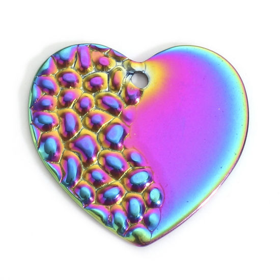 Picture of 5 PCs Eco-friendly PVD Vacuum Plating 304 Stainless Steel Geometric Charms Rainbow Color Plated Heart Texture 23mm x 22mm