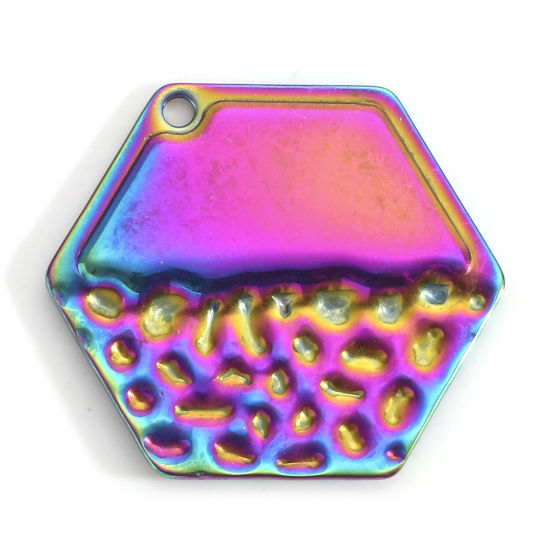 Picture of 5 PCs Eco-friendly PVD Vacuum Plating 304 Stainless Steel Geometric Charms Rainbow Color Plated Hexagon Texture 26mm x 23mm