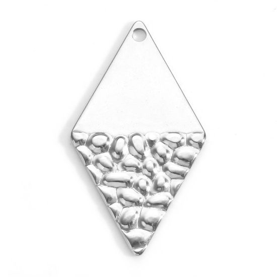 Picture of 304 Stainless Steel Geometry Series Pendants Silver Tone Rhombus Texture 3.2cm x 1.8cm, 5 PCs