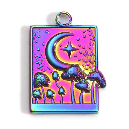 Picture of 3 PCs Eco-friendly PVD Vacuum Plating 304 Stainless Steel Charms Rainbow Color Plated Rectangle Mushroom 25mm x 18.5mm