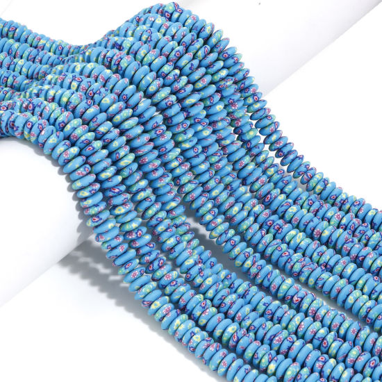 Bild von Polymer Ton Perlen für die DIY-Schmuckherstellung Untertasse Azurblau, mit Blumen Muster, 9mm D., Loch: 1.5mm, 40cm lang/Strang, 105 Stk./Strang, 1 Strang