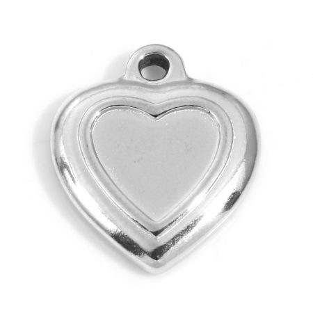 Picture of Eco-friendly 304 Stainless Steel Valentine's Day Charms Silver Tone Heart Cabochon Settings (Fits 9x8mm) 19mm x 15.5mm, 3 PCs