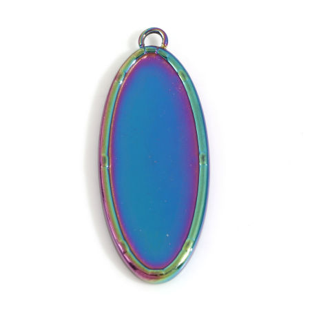 Picture of 3 PCs Eco-friendly PVD Vacuum Plating 304 Stainless Steel Geometric Pendants Rainbow Color Plated Oval Cabochon Settings (Fits 25mmx10mm) 30.5mm x 12mm