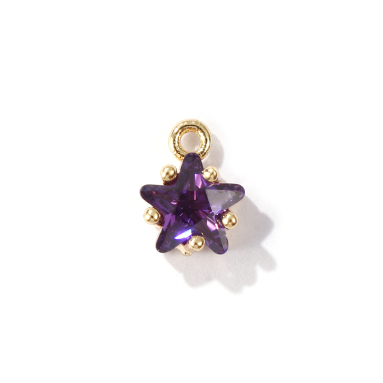 Imagen de 2 Unidades Latón piedra del zodíaco Colgantes Charms Estrella 14K Oro Real Chappado Febrero Púrpura Circón Artificial 7.5mm x 5mm