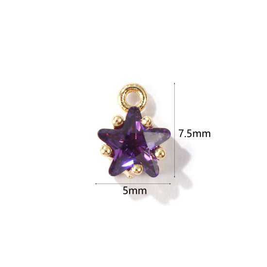 Imagen de 2 Unidades Latón piedra del zodíaco Colgantes Charms Estrella 14K Oro Real Chappado Febrero Púrpura Circón Artificial 7.5mm x 5mm
