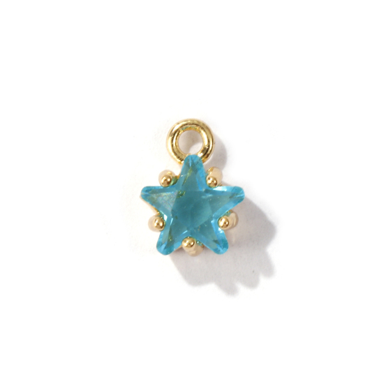 Imagen de 2 Unidades Latón piedra del zodíaco Colgantes Charms Estrella 14K Oro Real Chappado Marzo Verdemar Circón Artificial 7.5mm x 5mm