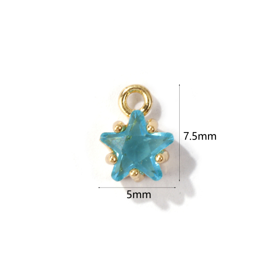 Imagen de 2 Unidades Latón piedra del zodíaco Colgantes Charms Estrella 14K Oro Real Chappado Marzo Verdemar Circón Artificial 7.5mm x 5mm