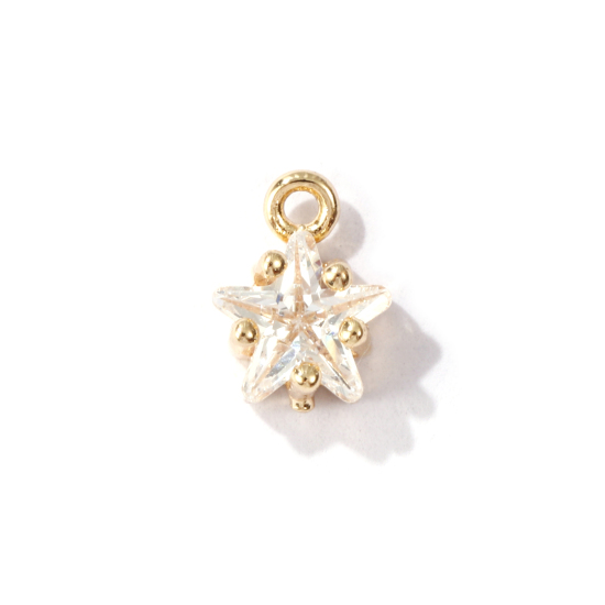 Imagen de 2 Unidades Latón piedra del zodíaco Colgantes Charms Estrella 14K Oro Real Chappado Abril Claro Circón Artificial 7.5mm x 5mm