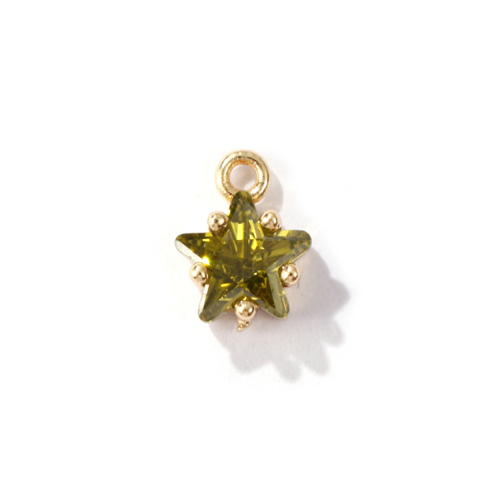 Imagen de 2 Unidades Latón piedra del zodíaco Colgantes Charms Estrella 14K Oro Real Chappado Agosto Verde Olivo Circón Artificial 7.5mm x 5mm