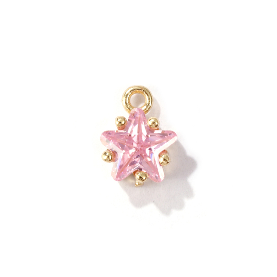 Imagen de 2 Unidades Latón piedra del zodíaco Colgantes Charms Estrella 14K Oro Real Chappado Octubre Rosa Claro Circón Artificial 7.5mm x 5mm