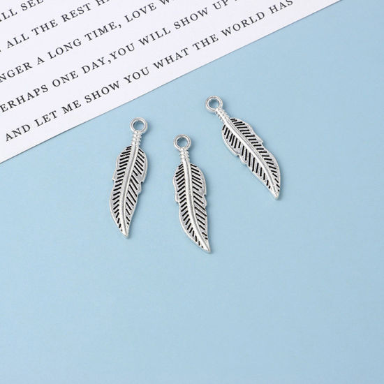 Picture of Zinc Based Alloy Charms Antique Silver Color Feather 26mm x 7mm, 20 PCs