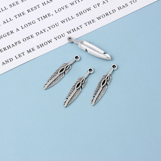 Picture of Zinc Based Alloy Charms Antique Silver Color Feather 27mm x 5mm, 20 PCs