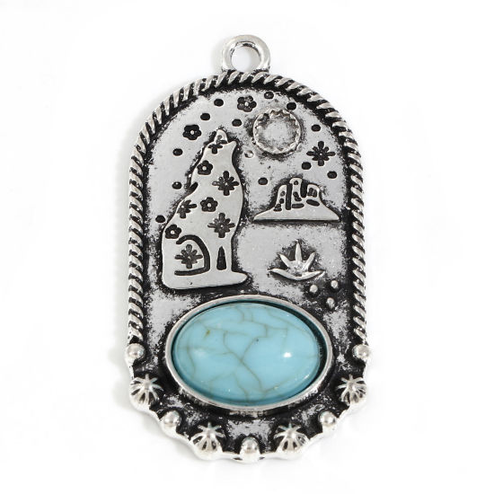 Bild von Zinklegierung Böhmischer Stil Anhänger Antiksilber Cyan Wolf Mond Mit Harz Imitat Howlith Cabochons 4.4cm x 2.3cm, 5 Stück