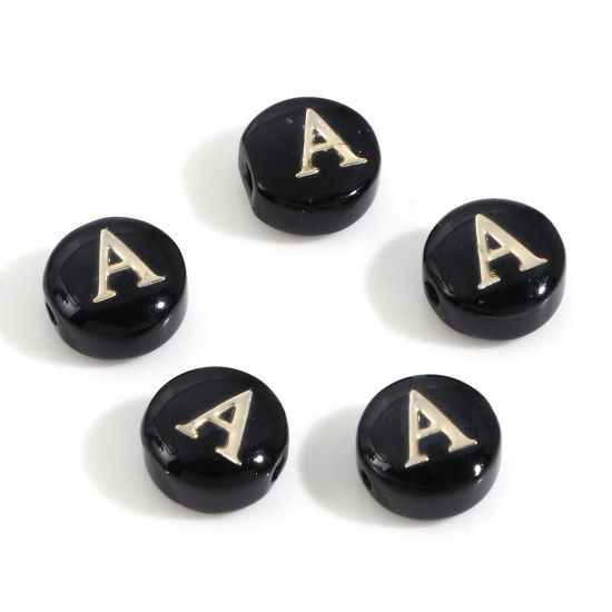Picture of Natural Dyed Shell Loose Beads For DIY Charm Jewelry Making Round Black Initial Alphabet/ Capital Letter Pattern Message " A " Double Sided About 8mm Dia, Hole:Approx 0.5mm, 5 PCs